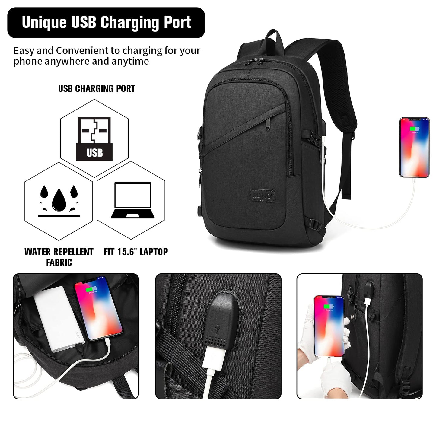 Kono Mochila Antirrobo 15.6" USB, Impermeable, Unisex, Trabajo/Escuela/Viaje, Negro
