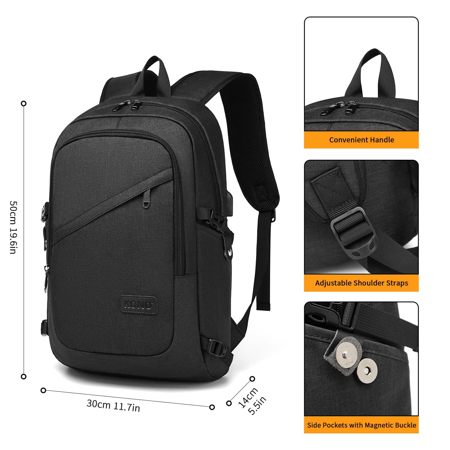 Kono Mochila Antirrobo 15.6" USB, Impermeable, Unisex, Trabajo/Escuela/Viaje, Negro