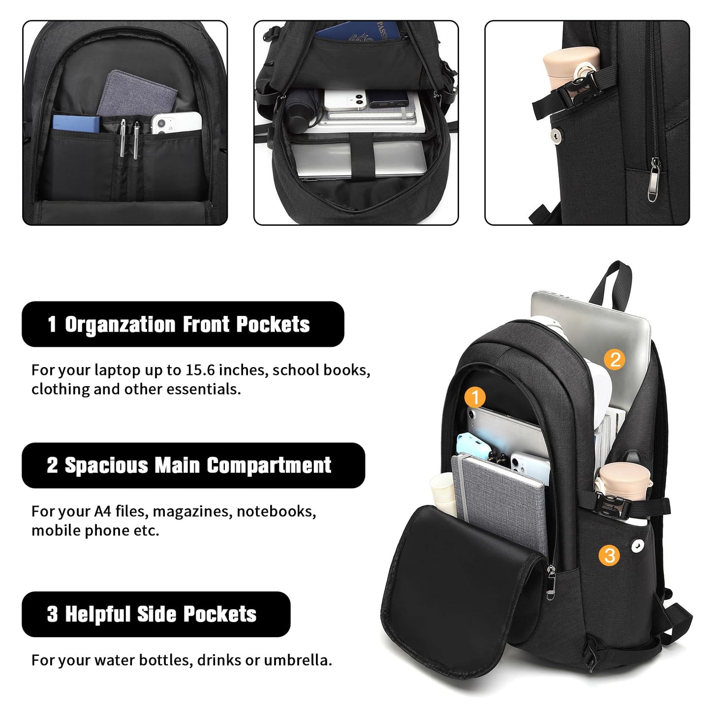 Kono Mochila Antirrobo 15.6" USB, Impermeable, Unisex, Trabajo/Escuela/Viaje, Negro
